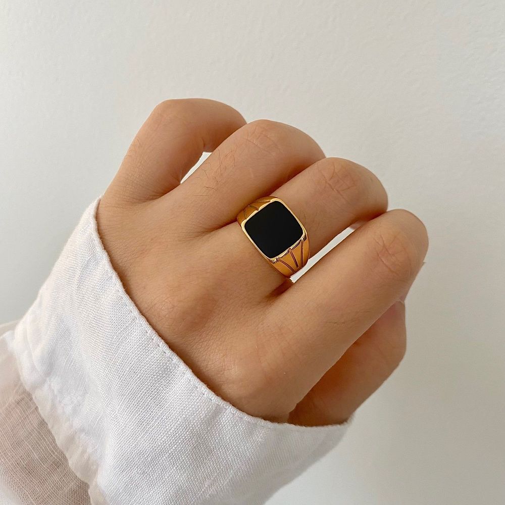 18K Gold Plated Statement Unisex Black Spinel Signet Ring